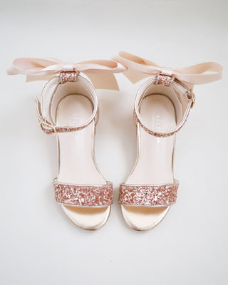 Rock Glitter Low Block Heel Girls Sandals with Back Satin Bow