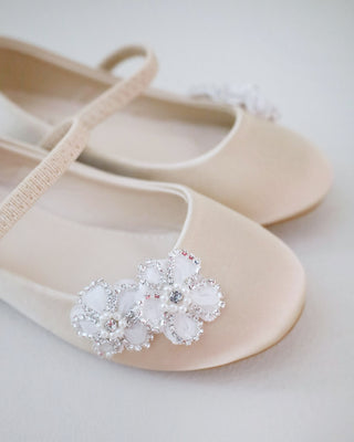Satin Mary Jane Flats with Rhinestones Chassia Flower