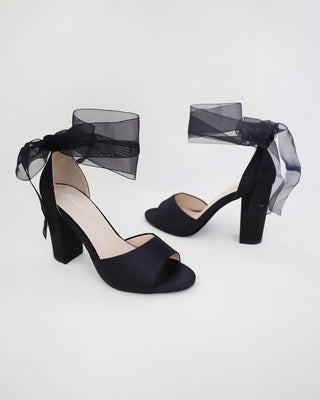 Satin Block Heel Evening Sandals with Wrapped Ribbon TieWomen Shoes