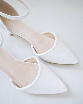 Ivory Satin Pointy Toe Low Heels with Mini Pearls