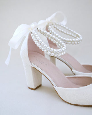 ivory lace wedding block heels with pearls strap