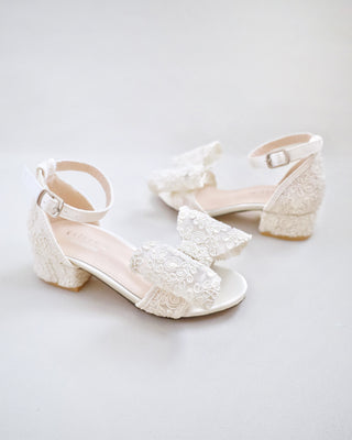 Ivory Crochet Lace Low Block Heel Girls Sandals with Lace Bow