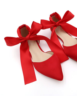 Satin Pointy Toe Flats with Satin Ankle Tie or Ballerina Lace Up