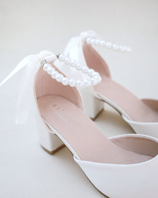 Girls Satin Block Heel with All Pearls Ankle Strap