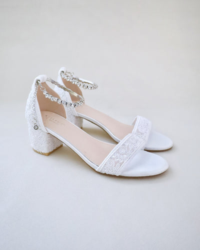 white crochet lace wedding sandals with rhinestones strap