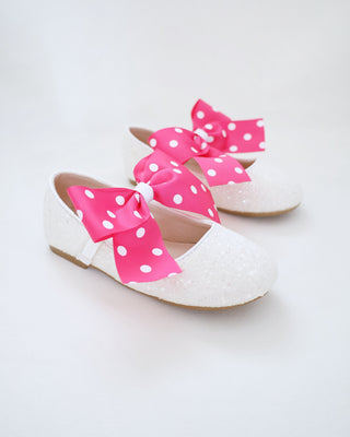 White Rock Glitter Mary Jane Flats with Fuchsia Polka Dot Grosgrain Bow