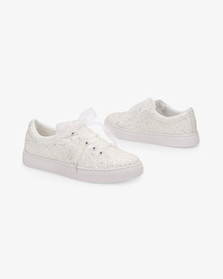 White Rock Glitter Wedding Platform Sneakers with Sheer Lace Bow