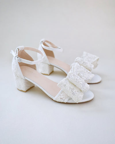 ivory crochet lace wedding heel sandals with oversized bow