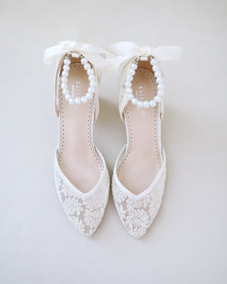 ivory crochet wedding block heels with pearl ankle strap
