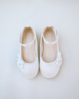 Satin Flower Girls Ballet Flats with All Pearls Chassia Flowers
