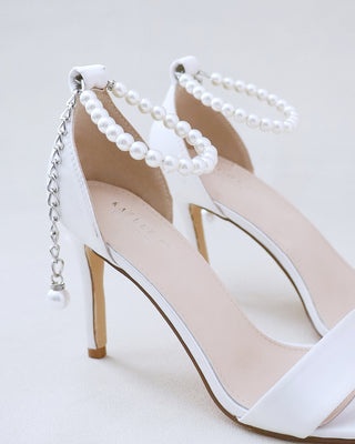 white satin high heel wedding sandals with pearl strap
