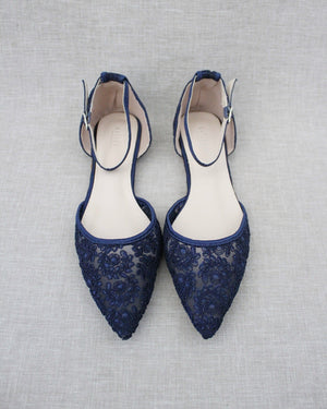 Crochet Lace Pointy Toe Flats with Ankle Strap