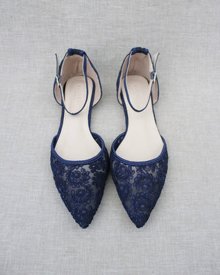 Crochet Lace Pointy Toe Flats with Ankle Strap
