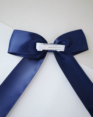 navy blue satin long tail bow hair clip