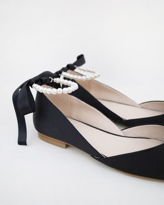 Black Satin Round Toe Evening Flat with All Pearl Ankle Strap