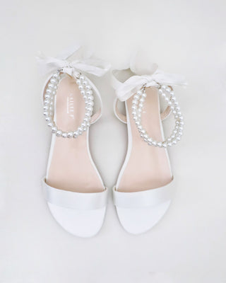 White Satin Wedding Flat Sandal with Double Pearls Strap