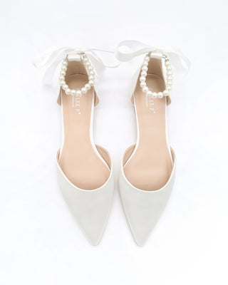 Satin Pointy Toe Bridal Flats with Ribbon Tie or Pearls StrapWomen Shoes