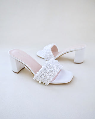 Satin Block Heels Slide Wedding Sandals with Perla Applique