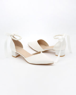Satin Pointy Toe Low Block Heels Wedding Shoes with All Pearls Ankle Strap