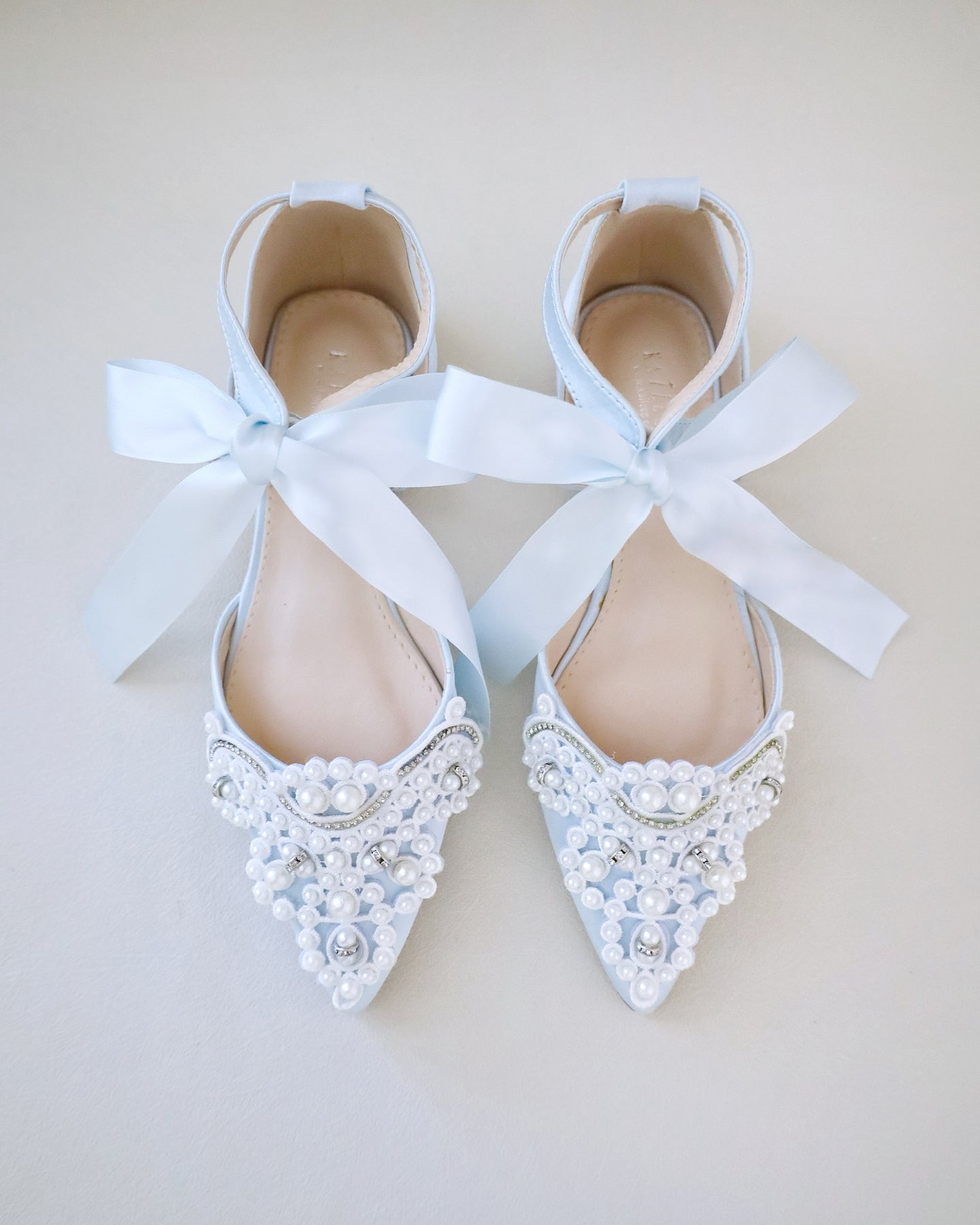 Light Blue Satin Pointy Toe Flats with Oversized Pearls Applique ...