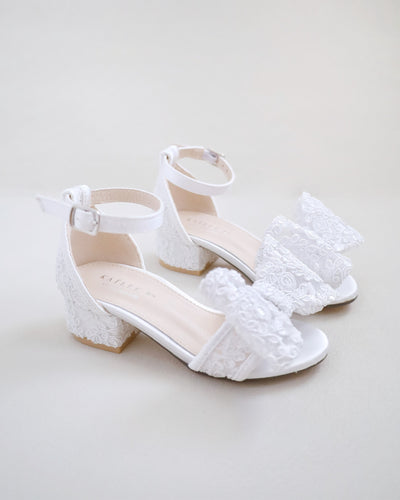 White Crochet Lace Low Block Heel Girls Sandals with Lace Bow
