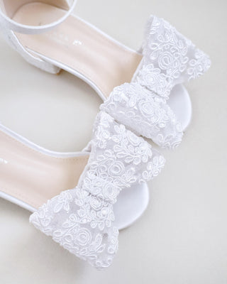 White Crochet Lace Low Block Heel Girls Sandals with Lace Bow