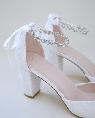 white lace wedding block heels with rhinestones strap