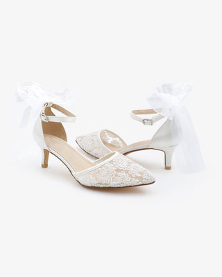 Crochet Lace Pointy Toe Wedding Low Heels with Tulle Back Bow