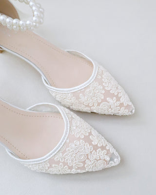 ivory crochet lace low heels with pearls ankle strap