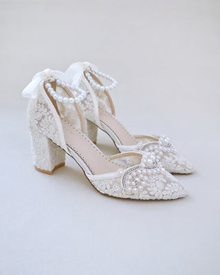 ivory crochet wedding block heels with pearl applique
