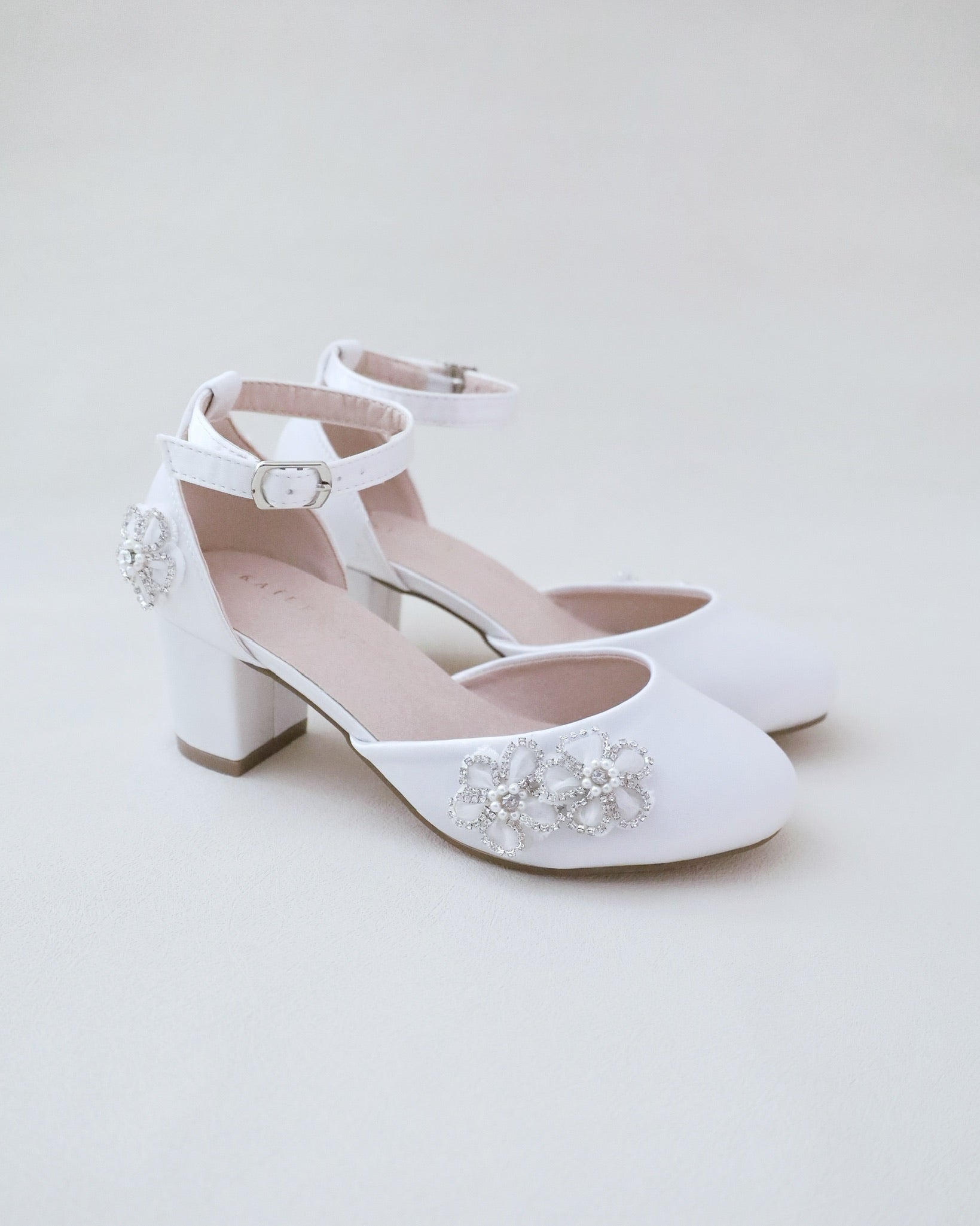 Girls Satin Block Heel with Rhinestones Chassia Flowers, Flower Girls