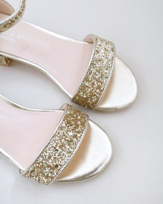 Gold Rock Glitter Low Block Heel Flower Girls Sandals 