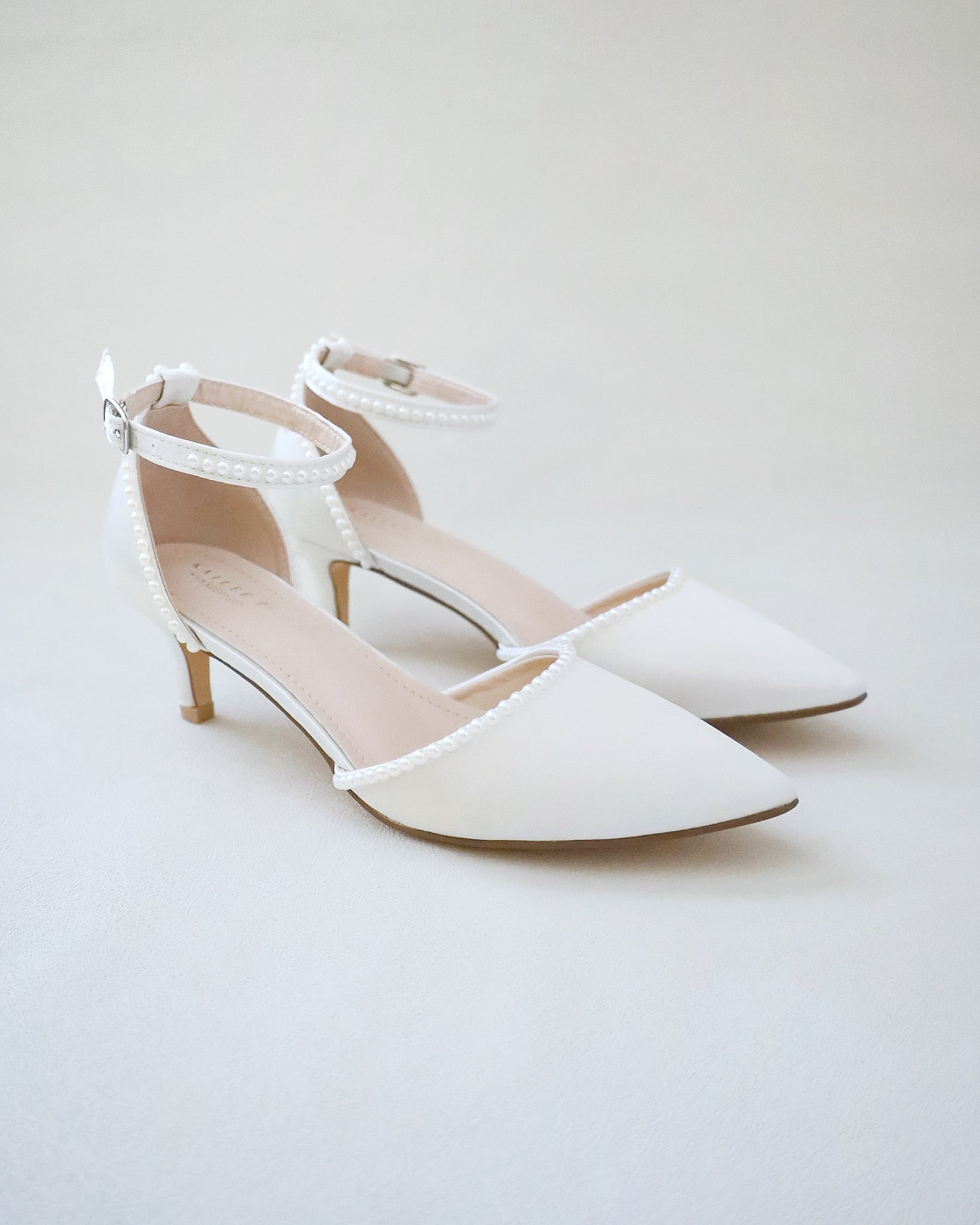 Satin Pointy Toe Low Heel with Mini Pearls Wedding Heel Bridal Shoes