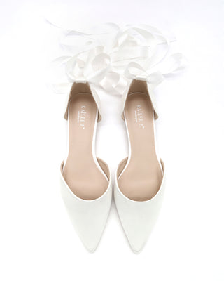 Satin Pointy Toe Bridal Flats with Ribbon Tie or Pearls StrapWomen Shoes