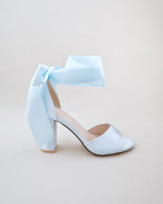 light blue satin block heels wedding sandals with wrapped satin ribbon tie