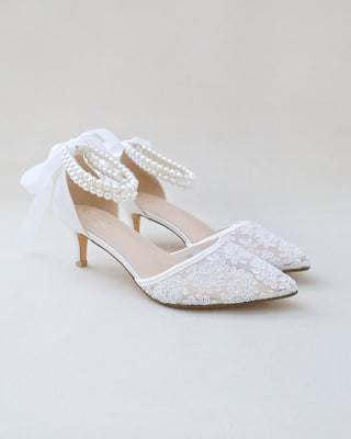 white crochet lace low heels with pearls ankle strap
