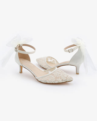 Crochet Lace Pointy Toe Wedding Low Heels with Tulle Back Bow
