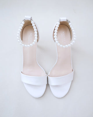white satin high heel wedding sandals with pearl strap