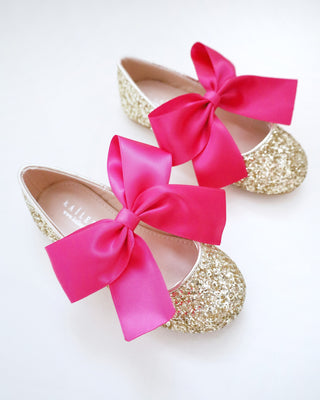Gold Rock Glitter Mary Jane Flats with Fuchsia Satin Bow