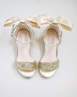 Rock Glitter Low Block Heel Girls Sandals with Back Satin Bow