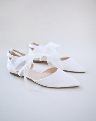 Satin Pointy Toe Flats with Chiffon Ribbon Tie