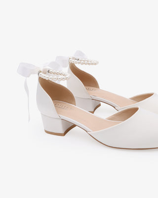 White Round Toe Satin Low Block Heel with All Pearls Ankle Strap