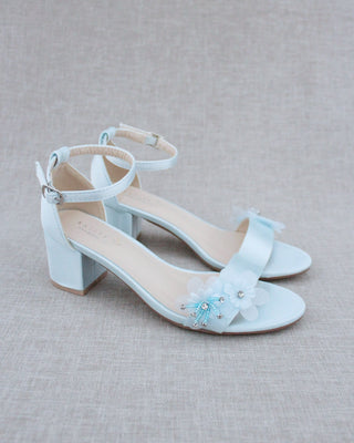 Satin Block Heel Wedding Sandals with Flower Appliques