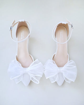white satin low heels wedding shoes with organza bow