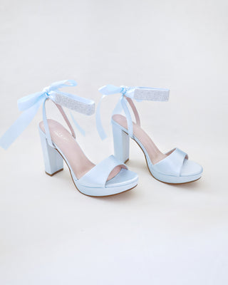 Satin Platform Block Heel Wedding Sandals with Rhinestones Strap