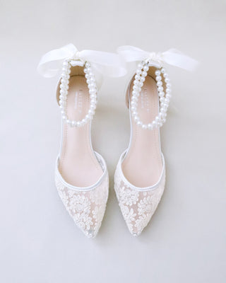 ivory crochet lace low heels with pearls