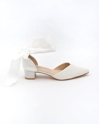 Satin Pointy Toe Low Block Heels Wedding Shoes with Wrapped Ribbon Tie