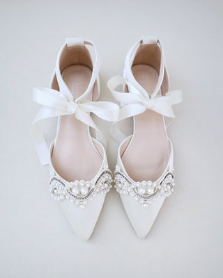 Satin Pointy Toe Flats with Small Pearls Applique Embellishment