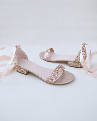 Rose Gold Rock Glitter Low Block Heel Ballerina Bridesmaids Sandals