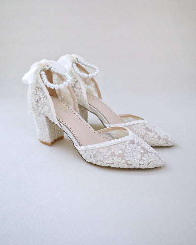ivory crochet wedding block heels with pearl ankle strap